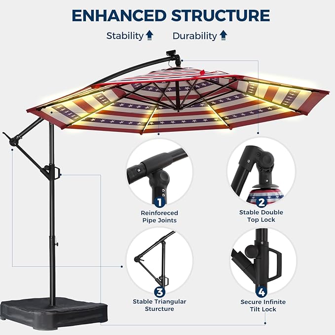 HOMSHADE 10 ft Offset Patio Umbrella with Solar Lights, LED Lighted Umbrella Outdoor Patio with Base Included, American Flag Umbrellas for Patriotic Decorations, Stars and Stripes Style