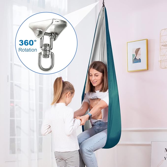Therapy Swing Hammock Kids Cuddle Sensory Swing Indoor Therapeutic Hammock 360° Rotating Double Layer Elastic Rocking Cloth Swing Gifts for Children with ADHD SPD Asperger Autism (Green+Grey)