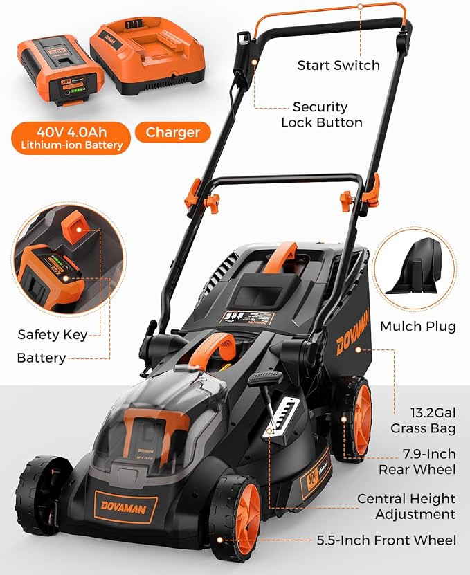 40V 19" Cordless Lawn Mower, Brushless Push Lawn Mower w/ 13.2Gal Bag, 98% Grass Collection, 3-Step Quicker Foldable, 6-Position Height Adjustment Meets Various Cutting Needs