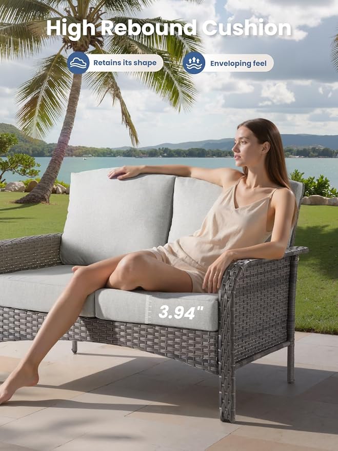 5-Piece Outdoor Patio Furniture Set with Swivel Chairs, Outdoor Conversation Wicker Sofa with Coffee Table, Rattan Couch for Deck Yard Poolside, Grey
