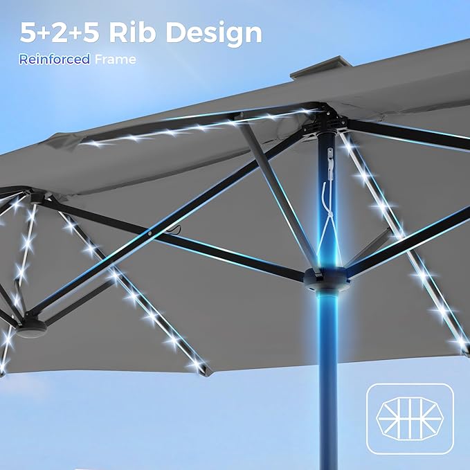SUPERJARE 13ft Outdoor Patio Umbrella with Solar Lights, Double-sided Deck Pool Umbrella with 1.5 Inch Pole, Fade Resistant Canopy, 12 Sturdy Ribs, for Porch, Market, Backyard, Grey (No Base)