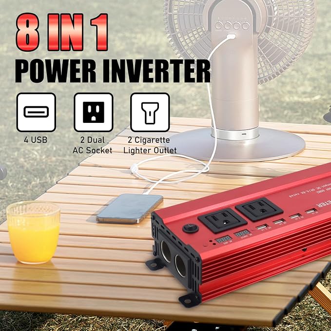 HITRENDS 900W Car Power Inverter 12V to 110V, DC to AC Converter with 4 USB Ports (24W Quick Charge) & 2 AC Outlets, for Camping, RV, Laptop, CE, FCC and ROHS Certified