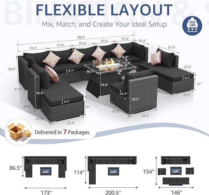 NICESOUL 11 Piece Outdoor Furniture Set with Firepit, Luxury Big 10-Person Patio Sectional, Chill 29.3'' High-Back Backyard Seating Area, All-Weather Rattan Couch Set for Outside, Deck, Dark Grey