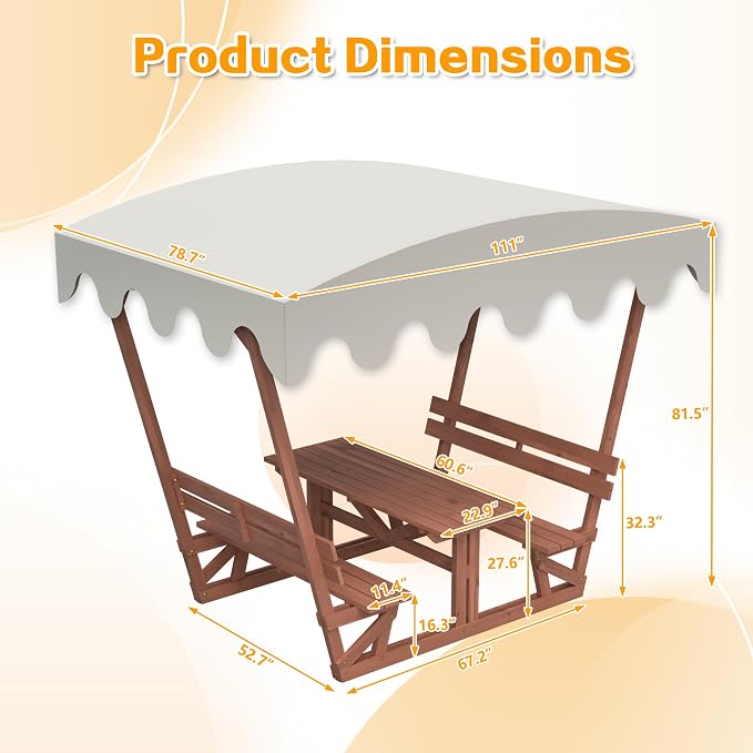 Outdoor Solid Wood Picnic Table with Bench Set & Removable Waterproof Canopy, All-Weather Commercial Camping Table for School, Patio Garden Deck Park Beach, Brown