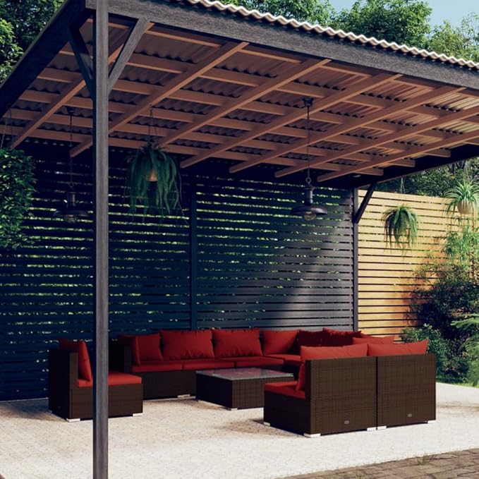 10 Piece Patio Lounge Set with Cushion, Piece Patio Set Patio Lounge Set Outdoor Patio Sectional Furniture Conversation Sets s Poly Rattan Brown
