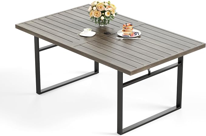 HERA'S HOUSE 64" Patio Table for 6, Wood-Like Metal Steel Slat Rectangle Outdoor Dining Table with Umbrella Hole for Lawn Garden Backyard
