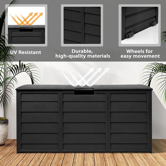 Crownland 75 Gallon Outdoor Storage Deck Box Patio Sun-proof Woodgrain Patio Storage Box for Patio, Garden, Balcony,Black