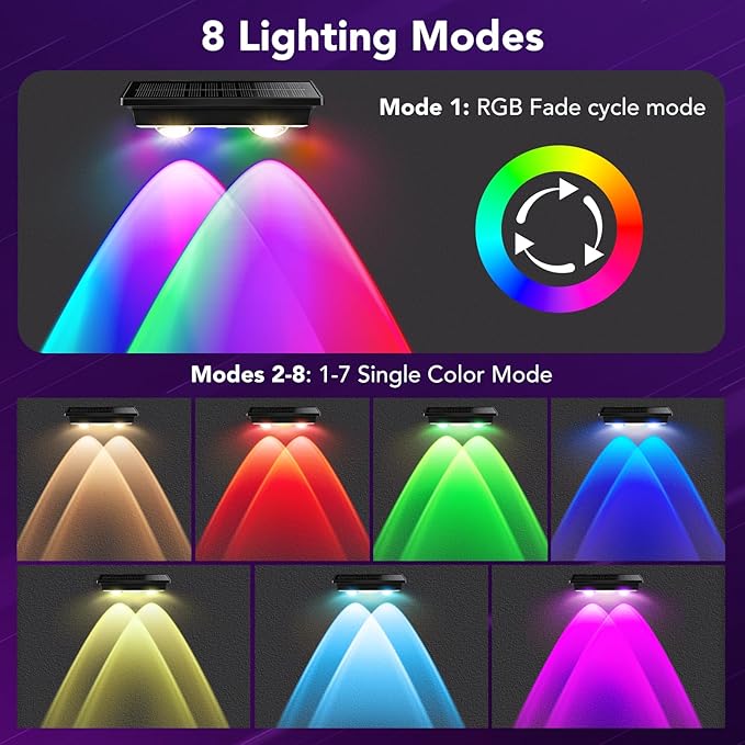 Solar Fence Lights Outdoor 2Pack, Warm White & 6 Color Change and Glass Panel, Waterproof High Brightness Solar LED Deck Lighting for Outside Stairs, Porch Step, Railing, Backyard, Pool