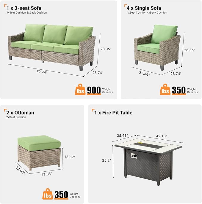 6 PCS Outdoor Patio Furniture 42in Set with Fire Pit Table, All-Weather Rattan Wicker Conversation Group with Deep Seating, Armchairs & Ottoman, High Back Comfort for Porch, Backyard, Green