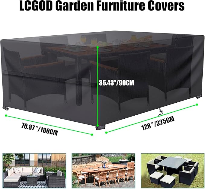 Garden Furniture Covers Waterproof Patio Furniture Covers for All Weathers, Heavy Duty 600D Oxford Fabric Rectangular Windproof Anti-UV Outdoor Table Covers【Black】(127.95" Lx70.87 Wx27.95 H)