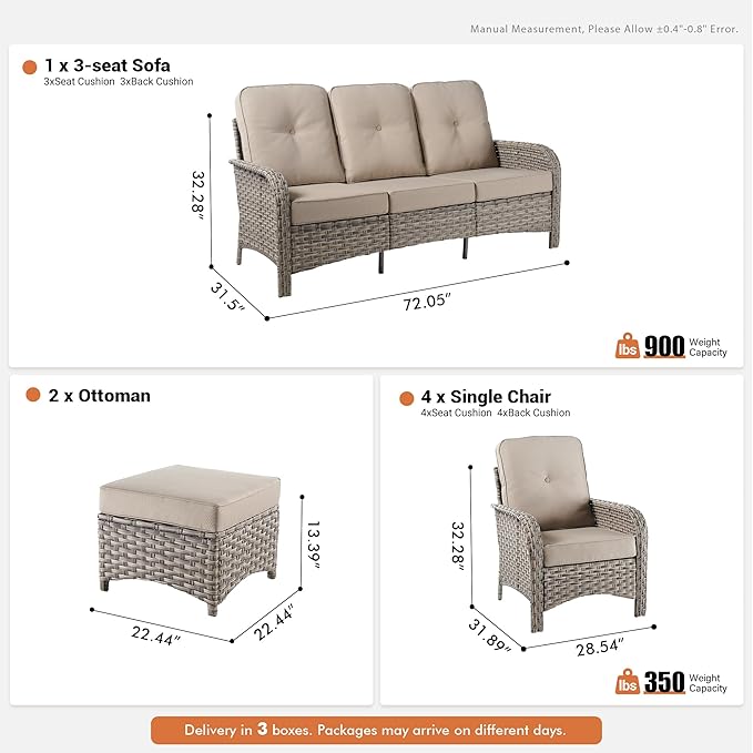 7-Piece Outdoor Patio Furniture Set with Ottomans 3 Seater Couch,All Weather Wicker Rattan Patio Seating Sofa and Chair Set with Ottomans,Outdoor Conversation Sets for Porch Deck Yard,Beige