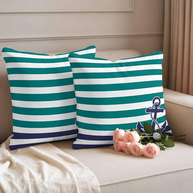 Throw Pillow Covers 26x26 Inch Set of 2, Anchor Teal Waterproof Outdoor Cushion Covers, Modern Navy Blue White Striped Nautical Decorative Pillowcases for Couch, Sofa, Bed, Garden, Patio