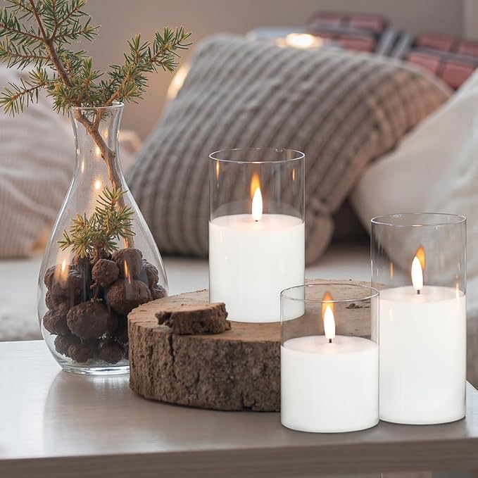 GenSwin Rechargeable Flameless Candles with Remote Timer, Clear LED Battery Operated Candles with Flickering Flame, Glass and Real Wax Pillar Candle Holiday Home Decor(Set of 3, D3”xH4”5”6”)