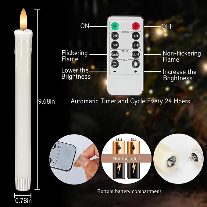 JOIONE Flameless Taper Candles with Remote, 6 Pack Real Wax LED Battery Operated Candle with Flickering Flame, Safe Home Décor for Living Room, Bedroom, and Dining Table, Dripping Wax White