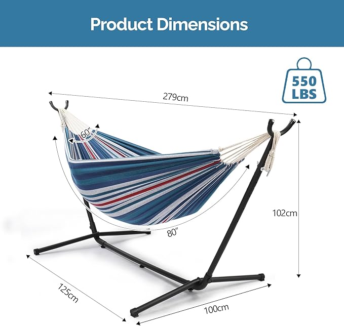 Double Hammocks with Stand for Outside,9FT Hammocks with Carrying Bag for 2 Person,Portable Space Saving Heavy-Duty Steel Stand for Indoor Outdoor Patio Yard,Easy Assembly (Blue & Purple)