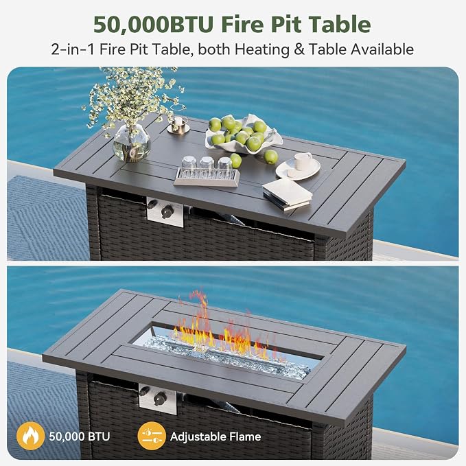 Aoxun 11 Piece Outdoor Patio Furniture Set with 44'' Fire Pit Table, Wicker Rattan Outdoor Furniture with High Back Swivel Rocker Chairs, Outdoor Sofa Set with Thick Cushion & Side Table, Peacock Blue