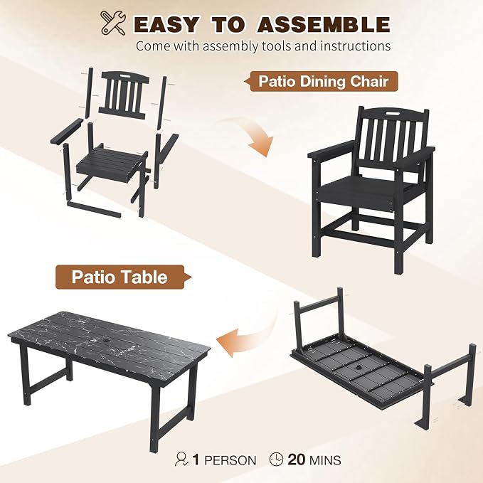7-Piece HIPS Patio Dining Set, 66.9" W Marble Texture Outdoor Table with Umbrella Hole & 440LBS Capacity & Galvanized Steel Frame, 6 Chairs | 19.7" W, Dining Table Furniture Set for 6, Black