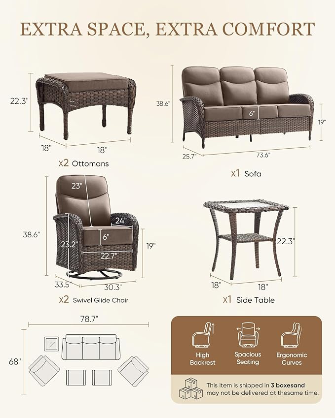 Belord Upgraded 6“ Cushion Luxury 6 Piece Patio Furniture Set - Wicker Couch Outdoor Conversation Set with Swivel Rocker Patio Chairs, Deep Seat Glider Chairs Set for Deck Porch - Brown/Grey