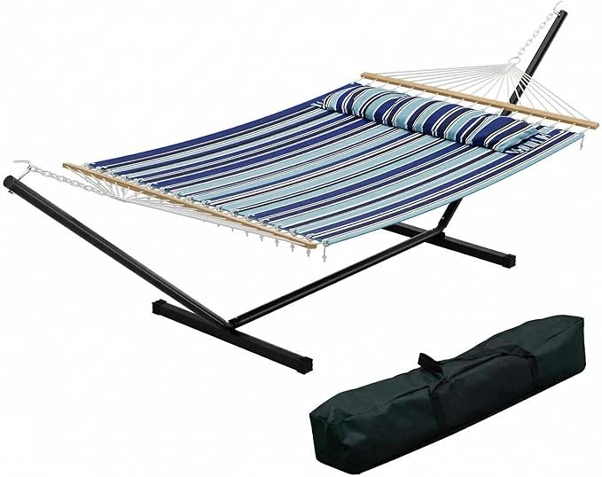 Patikuin Extra Wide Double Hammock with Heavy Duty Steel Stand, 475 Lbs Capacity 2 Person Hammock with Quilted Fabric, Pillow & Carry Bag for Backyard Garden Camping