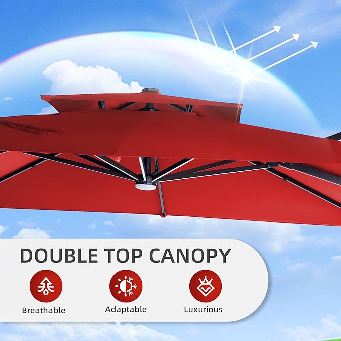 9 X 12 FT Cantilever Patio Umbrella with Led Lights and Base Included Heavy Duty Outdoor Double Top Large Rectangle Offset Umbrellas with 360-degree Rotation for Garden Pool Deck Backyard, Red