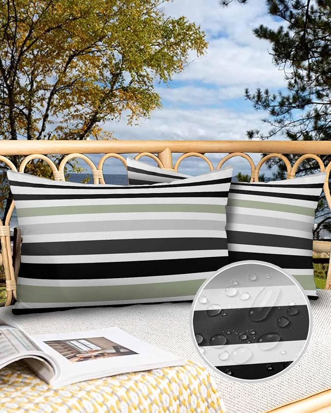 Modern Sage Green Black White Grey Stripes Outdoor Pillow Covers 20x12in Pack of 2 Waterproof Pillowcase Simple Lines Decorative Throw Cushion Case for Patio Couch Sofa