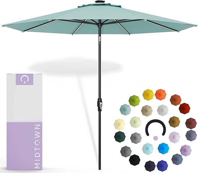 Midtown Umbrellas The LED Swilt 8 Feet Patio Umbrella With Terylast Seawater (Aqua) Polyester Fabric - Auto-Tilt Aluminum Frame With LED Lights For Backyard, Deck, Garden, Pool - Black Pole