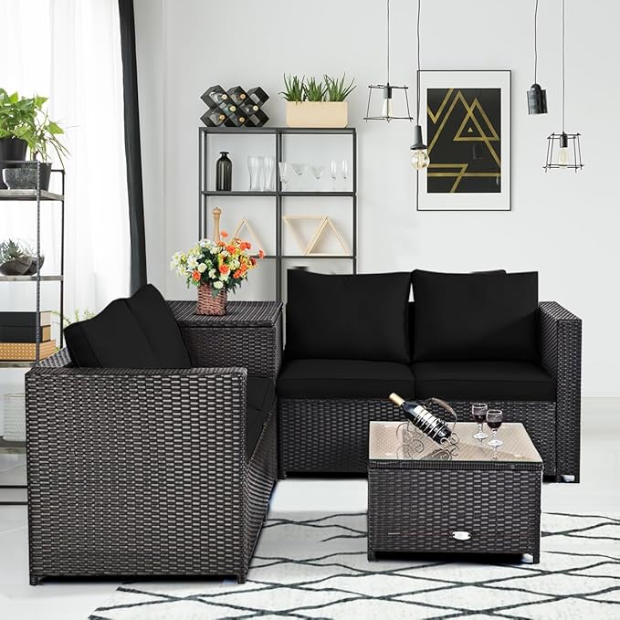 Tangkula 4 Piece Wicker Patio Set with Storage, All Weather-Proof Outdoor Conversation Set with Loveseat, Glass Top Coffee Table & Storage Box, Suitable for Garden, Poolside, Sunroom (1, Black)