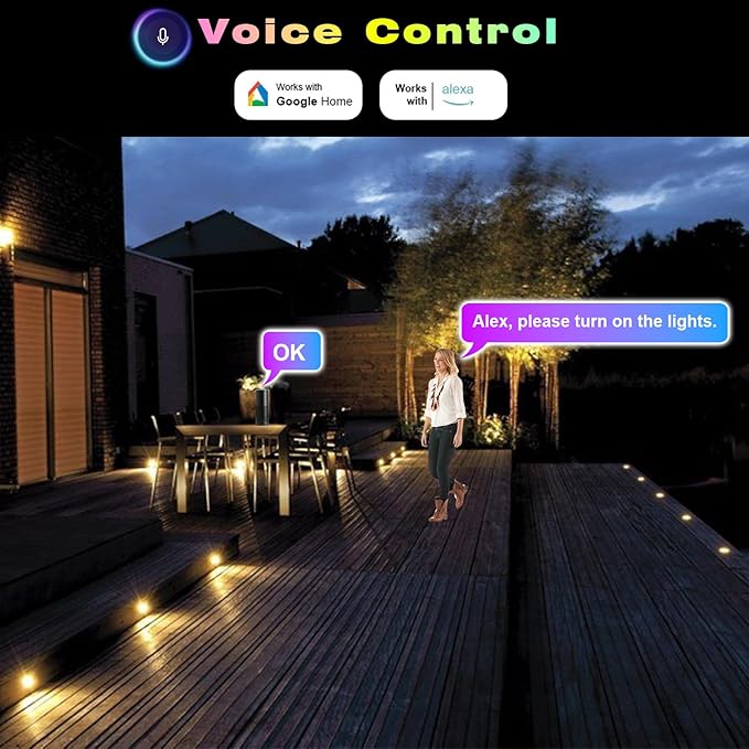 FVTLED WiFi Deck Lights, WiFi Controlled 20pcs Low Voltage LED Deck Lights Kit Φ1.38 Outdoor Recessed Step Stair Warm White LED Lighting Compatible with Alexa Google Home, Black