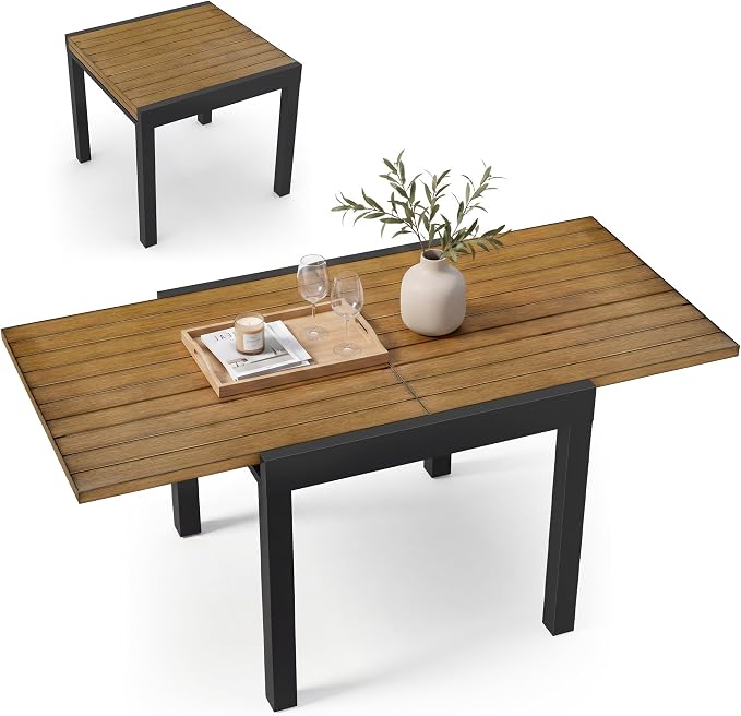 Expandable Patio Dining Table for 4-6 Person, Aluminum Extendable Outdoor Table, 32"-65" Adjustable Patio Table, Square/Rectangular Outdoor Accent Table for Garden, Backyard, Poolside, Teak