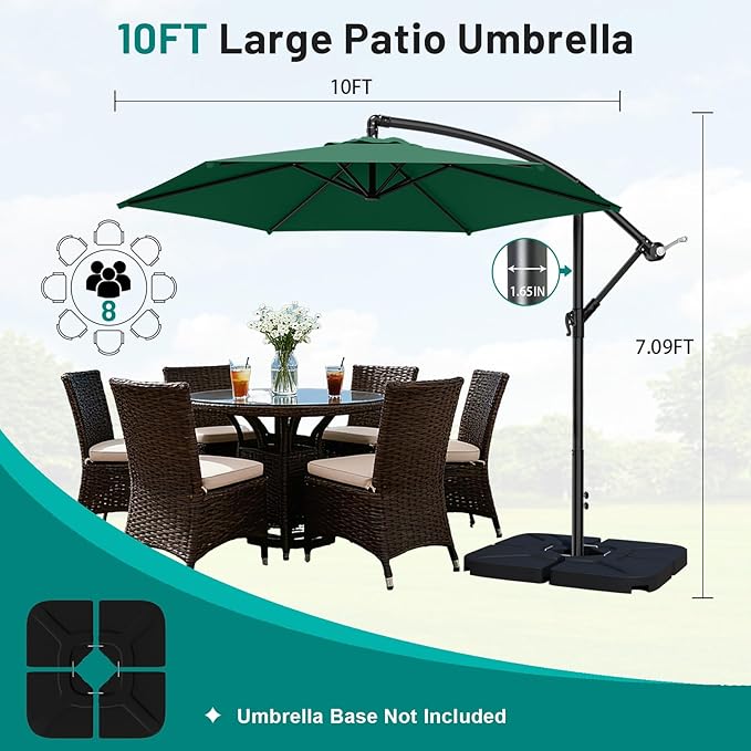 AreShark 10FT Patio Outdoor Umbrella, Offset Patio Umbrella Cantilever Umbrella, 6 Sturdy Ribs, Easy Adjustment for Garden Market Pool with Cross Base (Dark Green)