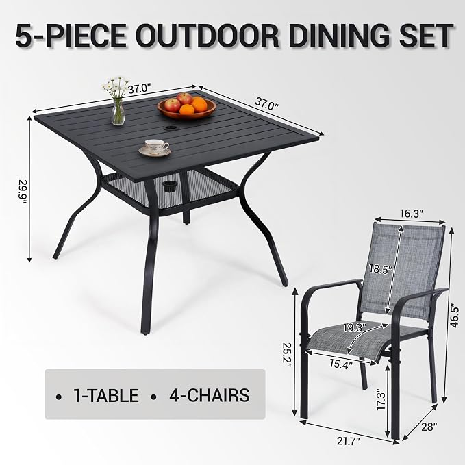 5-Piece Outdoor Dining Set, Patio Furniture Set with 4 Regular Chairs, 1 Rectangular Table for Garden, Backyard, Poolside, Deck, Grey