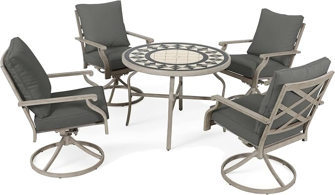 5-Piece Patio Dining Set, 4 Swivel Chairs with Removable Thickened Cushions & a 3D Textured Table with Umbrella Hole, All-Weather Furniture for Backyard, Garden, Lawn, Grey