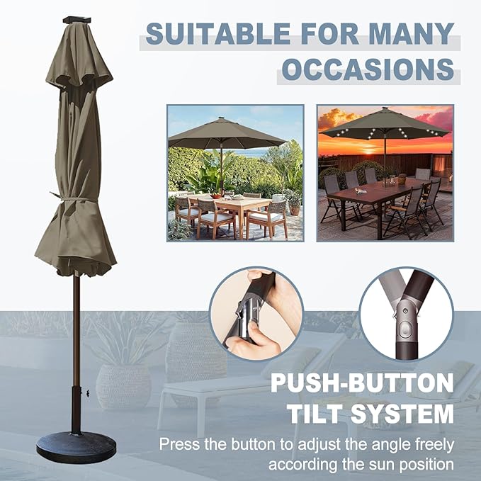 EliteShade USA 10-Year-Non-Fading 10ft Market Patio Umbrella, Commercial Grade Table Sun Umbrella with 80 Solar LED Lights, Crank Open, Windproof & UPF 50+ UV Protection for Garden, Deck, Pool, Backyard, Taupe