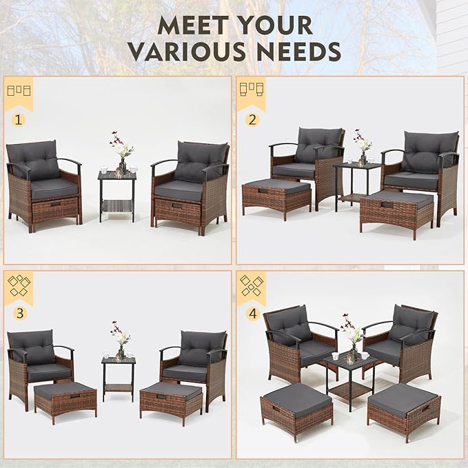 AVAWING 5 Pieces Wicker Patio Conversation Set, Outdoor Rattan Chairs with Ottoman, Metal Coffee Table, & Cushions, Outside Furniture Sets for Garden, Deck, Backyard, Poolside(Dark Grey)
