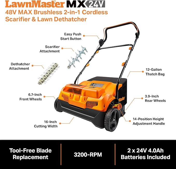 LawnMaster 48V MAX Brushless 16” 2-in-1 Cordless Dethatcher and Scarifier with Removable Thatch Collection Bag Quick-Fold – CLGVB4816