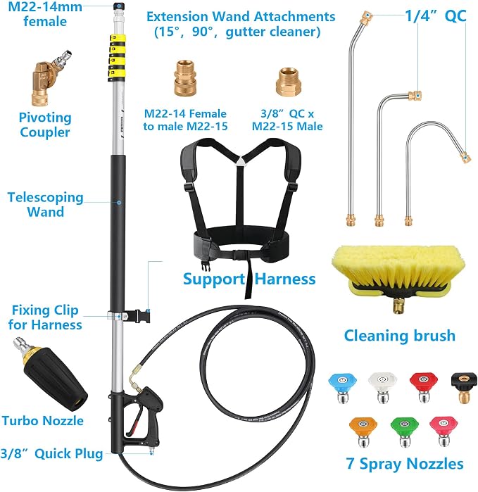 24 FT Telescoping Pressure Washer Wand Extension with Brush Head | Aluminum Power Washer Extension Wand, 7 Nozzle Tips, 3 Adapters & Support Harness, Gutter Cleaning Tools for 2 Story House