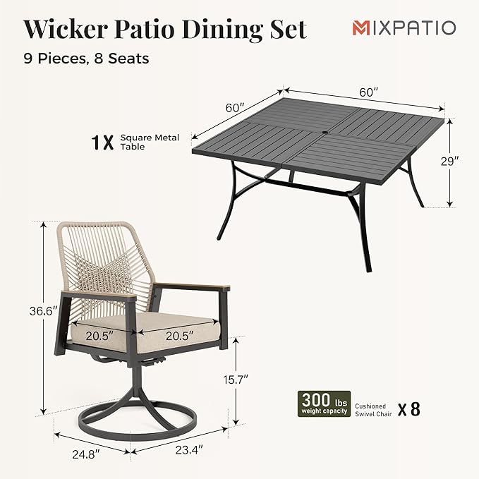 MIXPATIO 9 Pieces Outdoor Patio Dining Set, Wicker Patio Table and Chairs Set of 8, Swivel Wicker Chairs with 3.2" Cushion and Square Table with Umbrella Hole for Yard, Porch, Beige