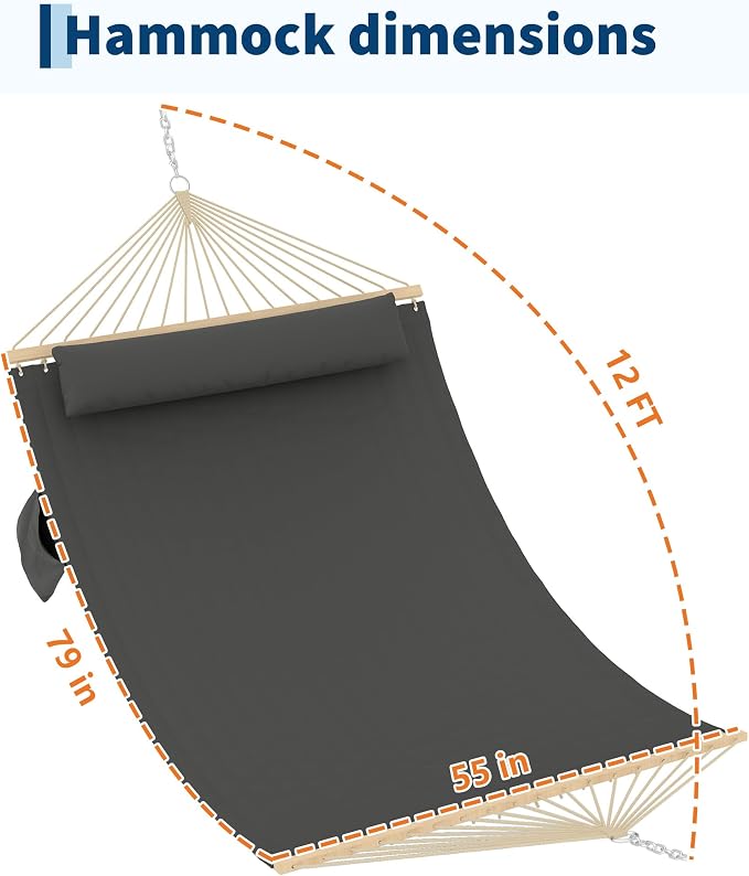 Garvee Double Quilted Fabric Hammock with Hardwood Spreader Bars and Pillow 450 LBS Capacity 2 Person Large Hammock for Outdoor Patio Backyard Poolside（Dark Gray）
