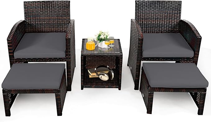 COSTWAY 5PCS Patio Rattan Wicker Furniture Set, Coversation Set with Side Table, Outdoor Cushioned Chairs with Ottomans for Backyard Deck, Grey