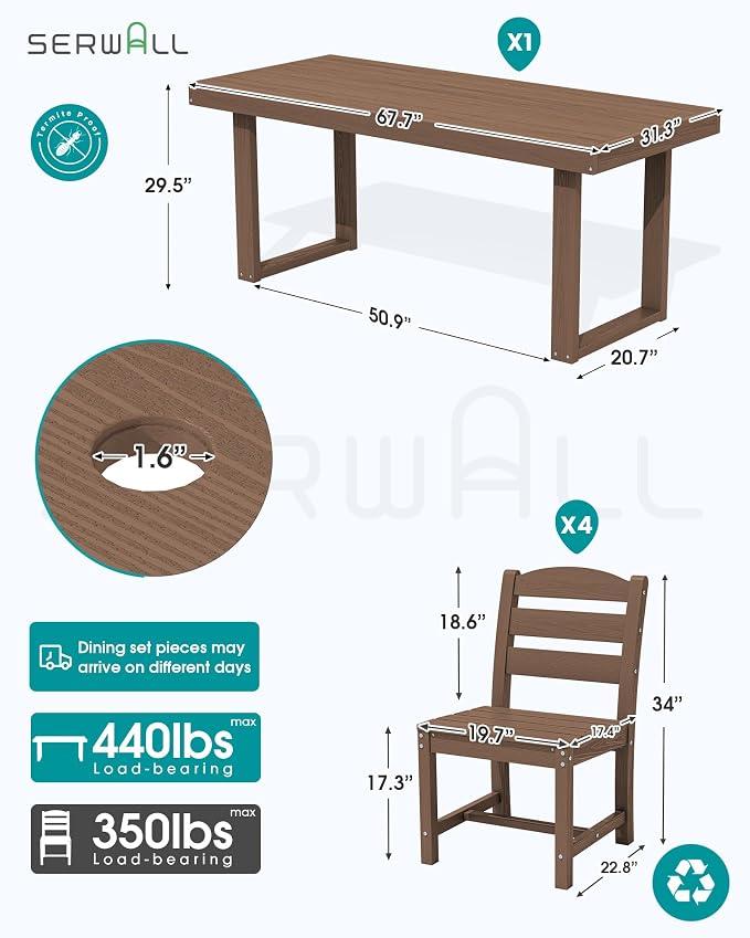 SERWALL HDPE Outdoor Dining Set for 4, 67'' Patio Table and Chairs Set | with Armless Seat