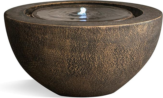 XBrand 19.8" W Round Sphere Water Fountain Indoor Outdoor with LED Light, Polyresin Bubbler Feature for Patio Garden Yard Home Décor, Bronze