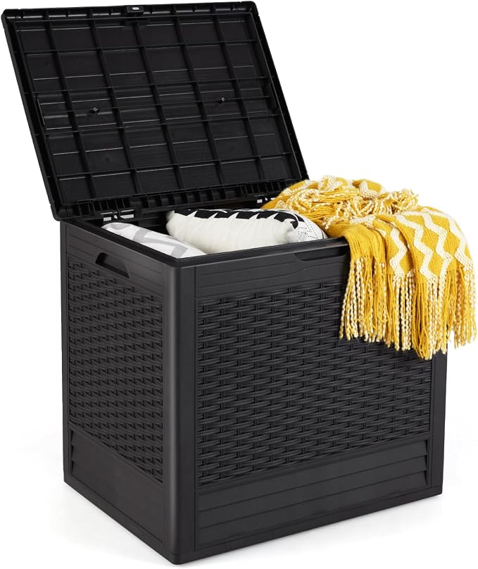 Giantex 25 Gallon Outdoor Storage Box, PP Deck Container with Rattan Patterns & Lockable Lid, All-Weather Patio Plastic Storage Bin for Package Delivery, Garden Tools, Patio Cushions (Brown)