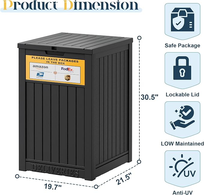 Package Delivery Box for Outside With Sign, Lockable Outdoor Storage Box Waterproof Deck Box, Large Double Wall Resin Parcel Drop Boxes, 48 Gallon, Classic Black