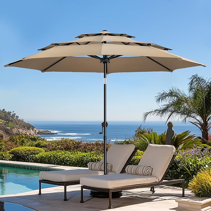 wikiwiki 9ft 3-Tier Patio Umbrella Outdoor Table Market Umbrella for Patio with Push Button Tilt/Crank, Fade Resistant Waterproof POLYESTER Canopy for Garden, Lawn, Deck, Backyard & Pool, Tan