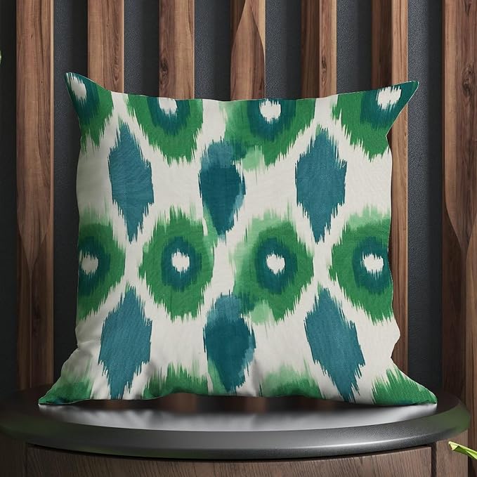 Green and Aqua Bukhara Ikat Pillowcase Peacock Strip Print Throw Pillow Cover Classic Modern Decorative Pillow Covers for Patio Furniture Garden 26x26 in