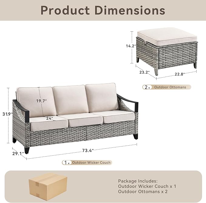 3 Pieces Wicker Patio Furniture Sofa Set-Outdoor Wicker Patio Furniture Covered Couch with Multifunctional Ottoman and All-Weather Outdoor Patio Conversation Set for Backyard Porch Garden Grey/Beige