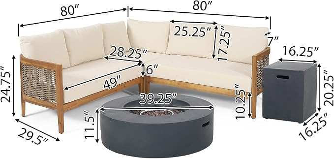 Christopher Knight Home Burchett Outdoor 5 Seater Sectional Sofa Chat Set with Fire Pit - Acacia Wood and Round Wicker - Teak/Mixed Brown/Beige/Dark Gray