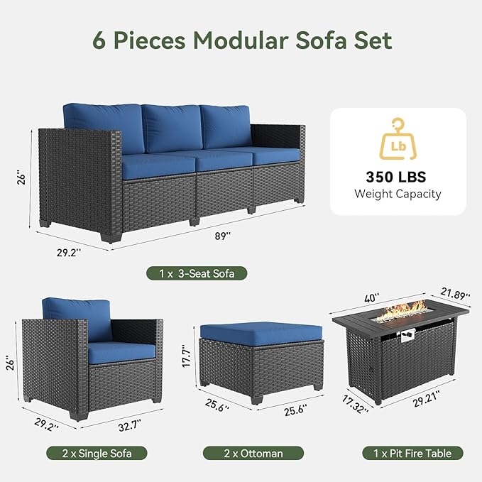 Aoxun Patio Furniture Set with Fire Pit Table, 6 Piece Outdoor Furniture Set with Wicker Ottomans, Rattan Outdoor Sectional Sofa with Thickened Cushion & Waterproof Cover Navy Blue
