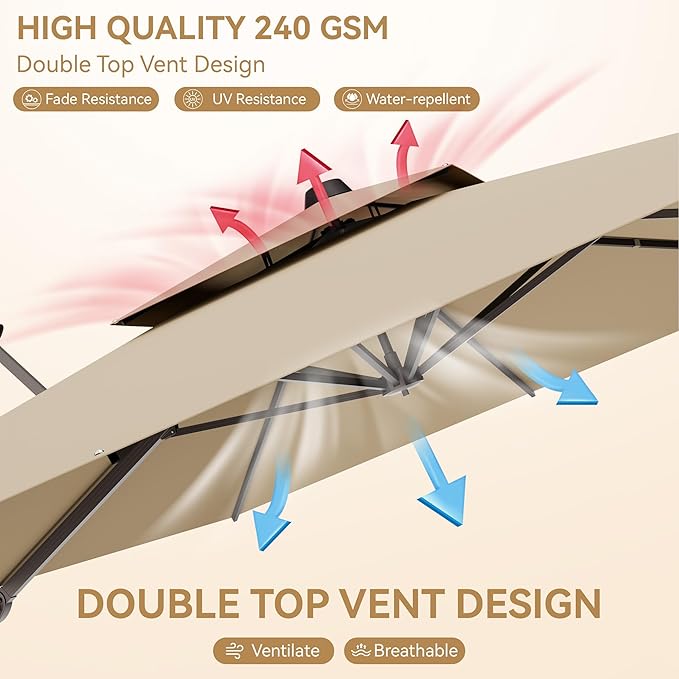 9x12 FT Patio Umbrella with base, Large Cantilever Rectangular Double Top Heavy Duty Offset Umbrellas with 360° Rotation, Outdoor shade for Garden Deck Pool, Tan