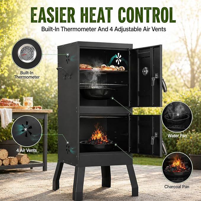 Vertical Charcoal Smoker, 2-in-1 Smoker Grill, BBQ Smoker for Meat, Outdoor Smoker for Backyard Patio | Double Door Easy Access | 2 Cooking Racks, 4 Air Vents, Built-In Thermometer